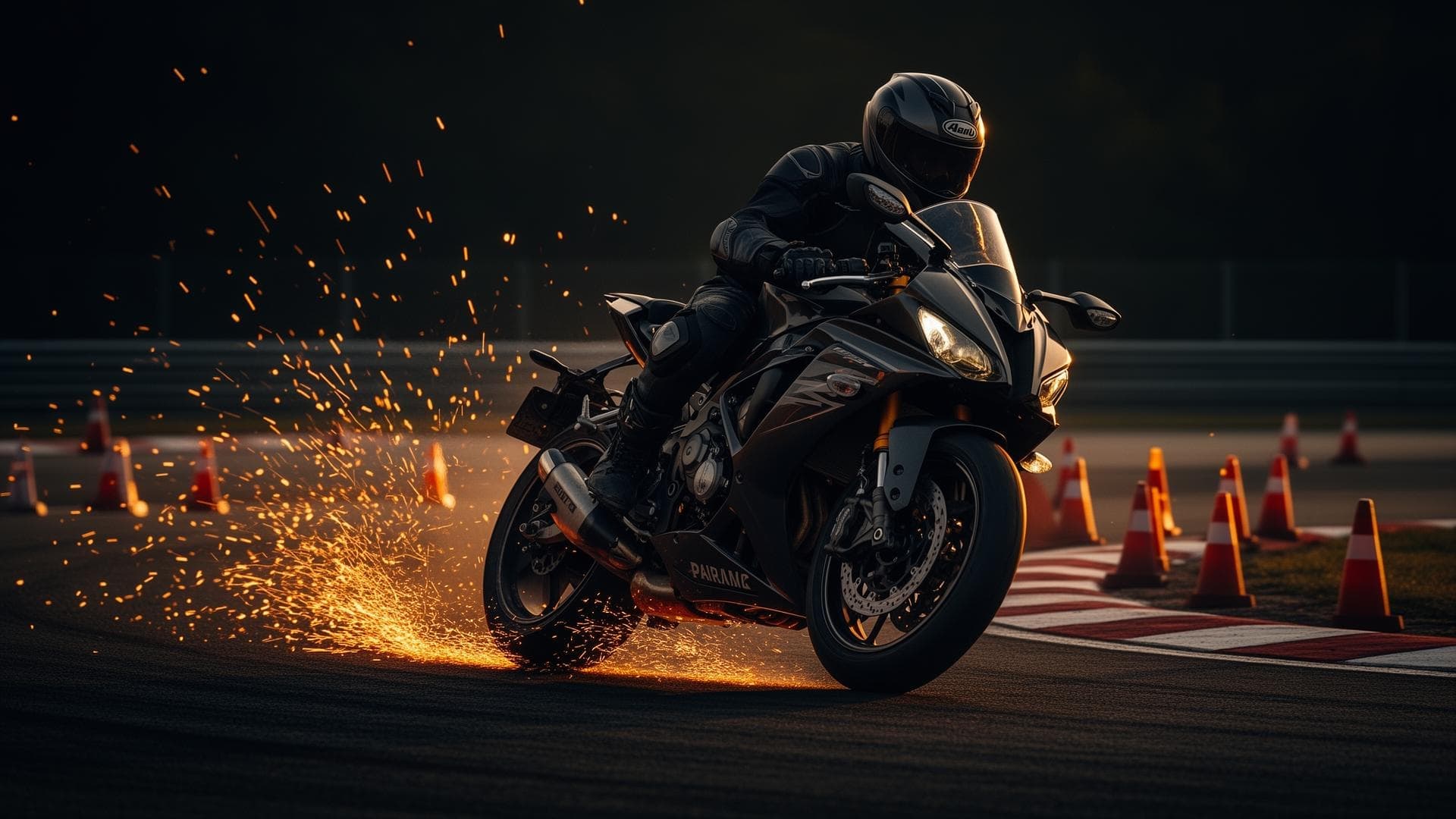 Professional motorcycle rider training on a track at dusk